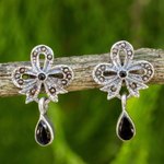 Onyx and marcasite dangle earrings, 'Enchanted Bows' - Onyx Vintage Earrings with Sterling Silver and Marcasite