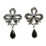 Onyx and marcasite dangle earrings, 'Enchanted Bows' - Onyx Vintage Earrings with Sterling Silver and Marcasite