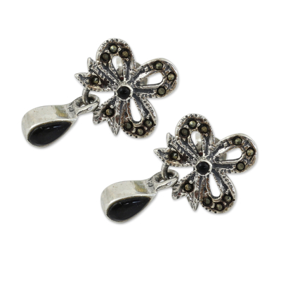 Onyx and marcasite dangle earrings, 'Enchanted Bows' - Onyx Vintage Earrings with Sterling Silver and Marcasite