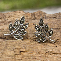 Sterling silver and marcasite stud earrings, 'Petite Leaves' - Leaf Stud Earrings Crafted of Sterling Silver and Marcasite