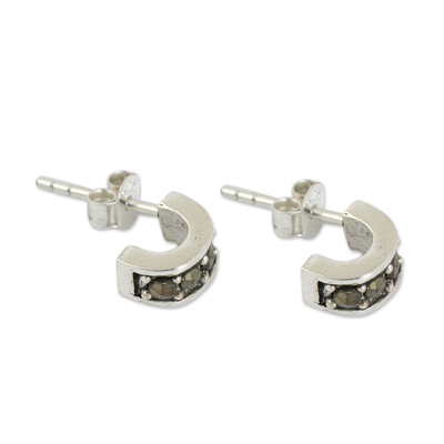 Sterling silver and marcasite half hoop earrings, 'Ever Happy' - Marcasite Studs on Sterling Silver Half Hoop Earrings