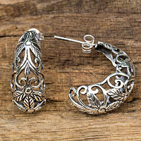 Sterling silver half hoop earrings, 'Floral Fantasy' - Artisan Crafted Openwork Sterling Silver Half Hoop Earrings