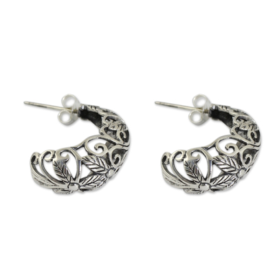Sterling silver half hoop earrings, 'Floral Fantasy' - Artisan Crafted Openwork Sterling Silver Half Hoop Earrings