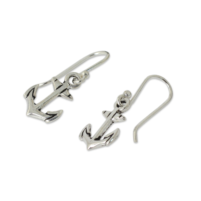 Sterling silver dangle earrings, 'Anchors Away' - Fair Trade Sterling Silver Hand Crafted Anchor Earrings