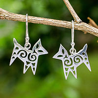 Thai Handcrafted Openwork Sterling Silver Stylized Earrings,'Chic Cat'