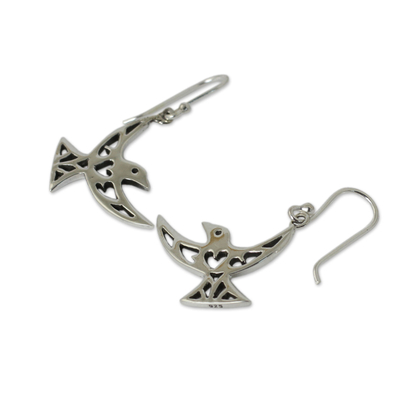 Open work sterling silver earrings, 'Fly Me Away' - Artisan Crafted Sterling Silver Bird Hook Earrings