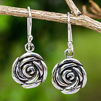 Sterling silver flower earrings, 'Spiral Rose' - Roses in Handcrafted Sterling Silver Hook Earrings