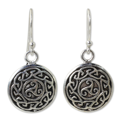 Sterling silver dangle earrings, 'Sister Goddess' - Free Trade Celtic Motif Round Silver Earrings from Thailand