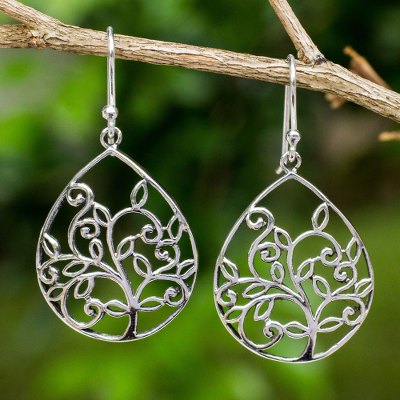 Sterling silver heart earrings, 'Tree of Love' - Artisan Crafted Nature Theme Sterling Silver Dangle Earrings