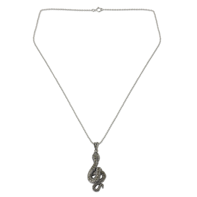 Marcasite and garnet pendant necklace, 'The Snake' - Fair Trade Marcasite and Sterling Snake Pendant Necklace
