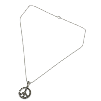 Marcasite pendant necklace, 'The Peace Sign' - Sterling Silver 925 and Marcasite Peace Sign Necklace