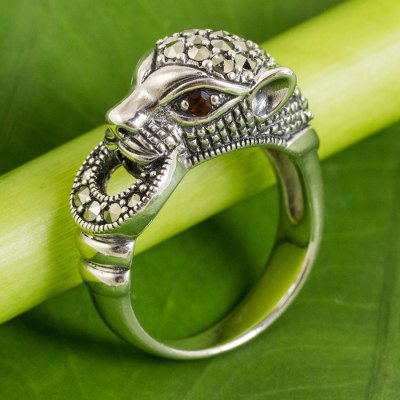 Marcasite and garnet cocktail ring, 'The Cheetah' - Women's Marcasite Cheetah Cocktail Ring with Garnet Accents