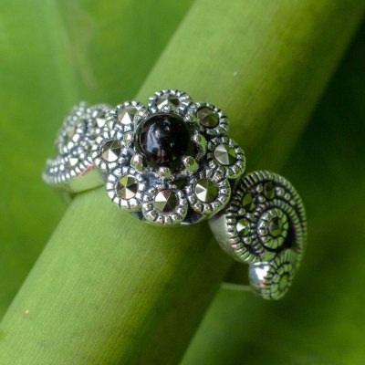 Onyx flower ring, 'Moonlight Blossom' - Ornate Silver Floral Ring with Onyx and Marcasite