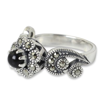 Onyx flower ring, 'Moonlight Blossom' - Ornate Silver Floral Ring with Onyx and Marcasite