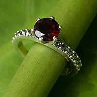 Garnet and marcasite solitaire ring, 'Forever Love' - Thai Sterling Silver Ring with Garnet and Marcasite