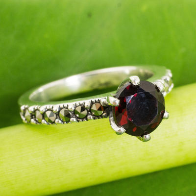 Garnet and marcasite solitaire ring, 'Forever Love' - Thai Sterling Silver Ring with Garnet and Marcasite