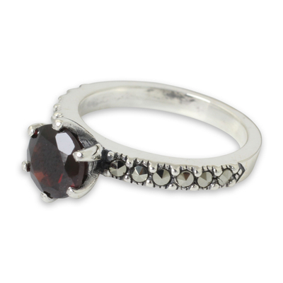 Garnet and marcasite solitaire ring, 'Token of Love' - Thai Sterling Silver Ring with Garnet and Marcasite