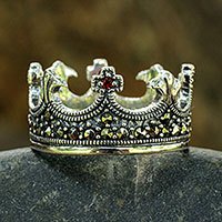 Garnet and marcasite band ring, 'Coronation' - Handmade Thai Silver Crown Ring with Garnet and Marcasite