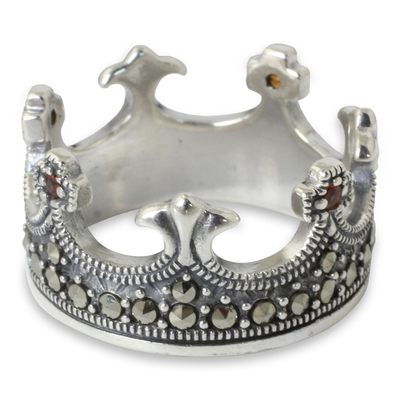 Garnet and marcasite band ring, 'Coronation' - Handmade Thai Silver Crown Ring with Garnet and Marcasite