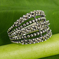 Marcasite cocktail ring, 'Brilliant Night' - Thai Handmade Sterling Silver Cocktail Ring with Marcasite