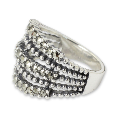 Marcasite cocktail ring, 'Brilliant Night' - Thai Handmade Sterling Silver Cocktail Ring with Marcasite