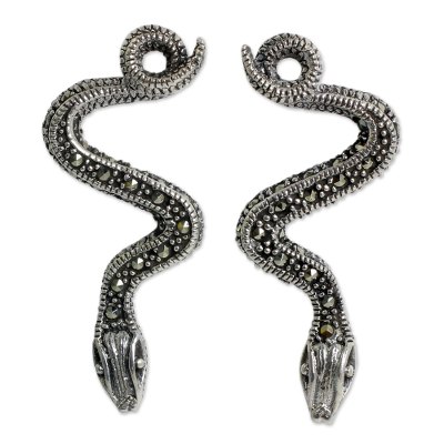 Marcasite drop earrings, 'Tropical Snake' - Handcrafted Sterling Silver and Marcasite Snake Earrings