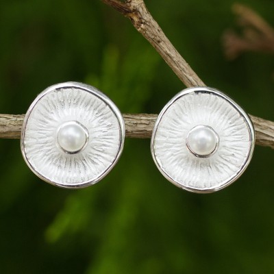 Cultured pearl button earrings, 'Sublime Moons' - White Cultured Pearls on Sterling Silver Button Earrings