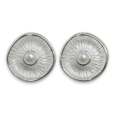 Cultured pearl button earrings, 'Sublime Moons' - White Cultured Pearls on Sterling Silver Button Earrings