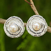 Cultured pearl button earrings, 'Coils' - Artisan Crafted Cultured Pearl Thai Silver Button Earrings