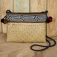 Natural fibers with cotton accent shoulder bag, 'Akha Wonder' - Hand Woven Natural Fiber Shoulder Bag with Thai Pompoms