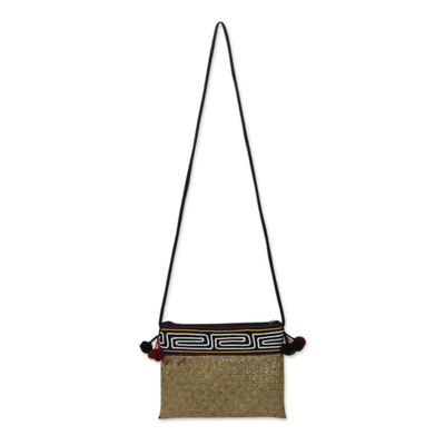 Natural fibers with cotton accent shoulder bag, 'Akha Wonder' - Hand Woven Natural Fiber Shoulder Bag with Thai Pompoms