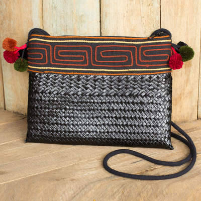 Bolso de hombro de fibras naturales con detalles de algodón - Bolso de hombro de fibra natural Hill Tribe tejido a mano
