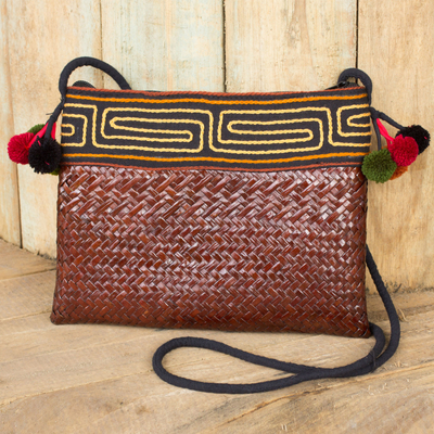 Bolso de hombro de fibras naturales con detalles de algodón - Bolso bandolera de fibra natural Hill Tribe tejido a mano