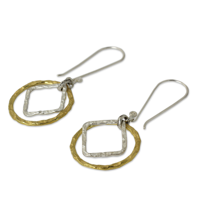 Gold plated dangle earrings, 'Moonrise Window' - Thai Handmade Geometric Gold and Silver Plated Earrings
