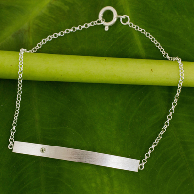 Sterling silver and peridot bar bracelet, 'Simple Energy' - Peridot and Brushed Silver Bar Bracelet from Thailand