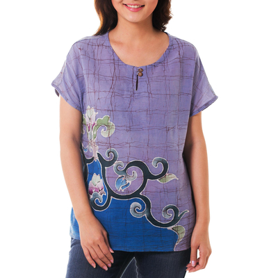 Blusa batik de algodón - Batik hecho a mano sobre blusa floral de algodón transparente para mujer