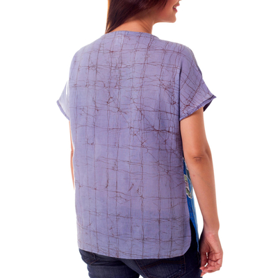 Blusa batik de algodón - Batik hecho a mano sobre blusa floral de algodón transparente para mujer