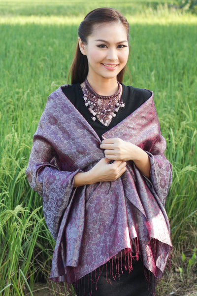 Rayon and silk blend shawl, 'Mandarin Dusk' - Rich Purple and grey Rayon Blend Jacquard Shawl