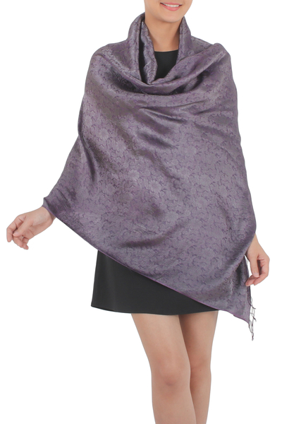 Rayon and silk blend shawl, 'Mandarin Dusk' - Rich Purple and Gray Rayon Blend Jacquard Shawl