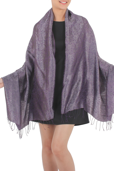 Rayon and silk blend shawl, 'Mandarin Dusk' - Rich Purple and Gray Rayon Blend Jacquard Shawl