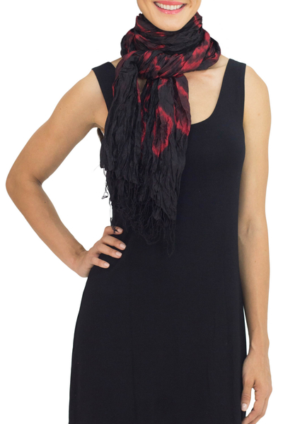 Silk scarf, 'Nocturnal Dance' - Black Red Tie-dye Silk Scarf Crafted by Hand in Thailand