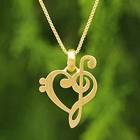 Collar de corazón vermeil de oro, 'Music of Love' - Collar de tema musical vermeil cepillado hecho a mano