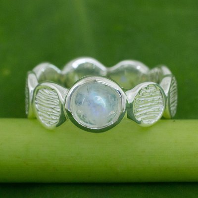 Rainbow moonstone band ring, 'Connecting' - Rainbow Moonstone on Sterling Silver Band Ring