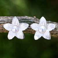 Cultured freshwater pearl button earrings, 'Blossom Pearl' - Feminine Cultured Freshwater Pearl and Silver Earrings
