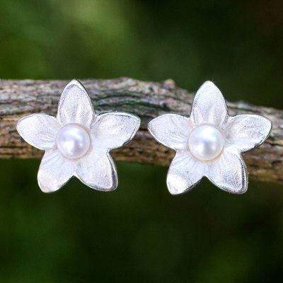 Cultured freshwater pearl button earrings, 'Blossom Pearl' - Feminine Cultured Freshwater Pearl and Silver Earrings