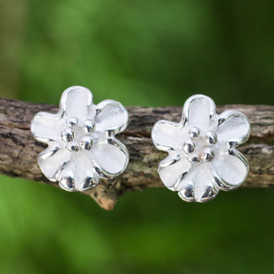 Sterling silver button earrings, 'Petite Bloom' - Handcrafted Sterling Silver 925 Flower Button Earrings
