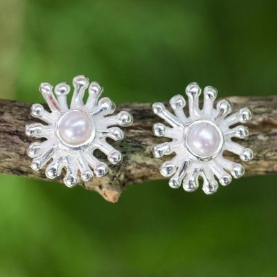 Cultured pearl stud earrings, 'Petite Seaflower' - Fair Trade Pearl and Sterling Silver Button Earrings