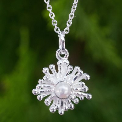 Cultured freshwater pearl pendant necklace, 'Petite Seaflower' - Handmade Sea Anemone Pearl and Silver Necklace