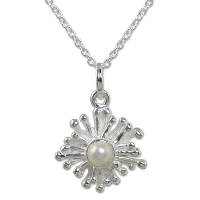 Cultured freshwater pearl pendant necklace, 'Petite Seaflower' - Handmade Sea Anemone Pearl and Silver Necklace