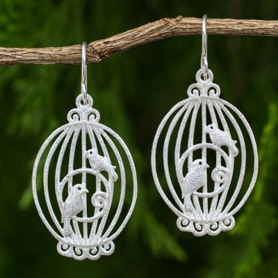 Sterling silver dangle, 'Nightingale Romance' - Brushed Sterling Silver Birdcage Earrings Crafted by Hand